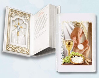 First Holy Communion Missal - Catholic Prayer Book with chalice and Mother of Pearl-like Heard Cover