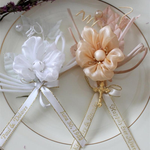 Personalized Corsage / Capias Flower Bouquet with Ribbon, Charm & Pin with Personalized Ribbon - Set of 10