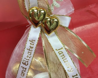 Organza Bag w/Jordan Almonds, Personalized Ribbons & Double-Heart  Unique Wedding Favors - Gold or Silver