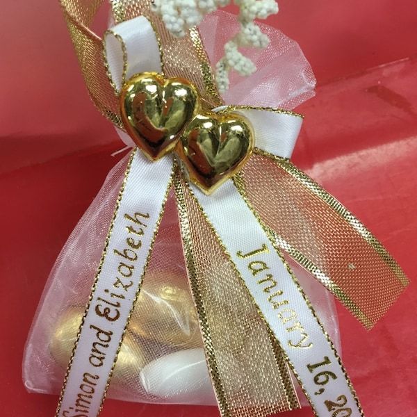 Organza Bag w/Jordan Almonds, Personalized Ribbons & Double-Heart  Unique Wedding Favors - Gold or Silver