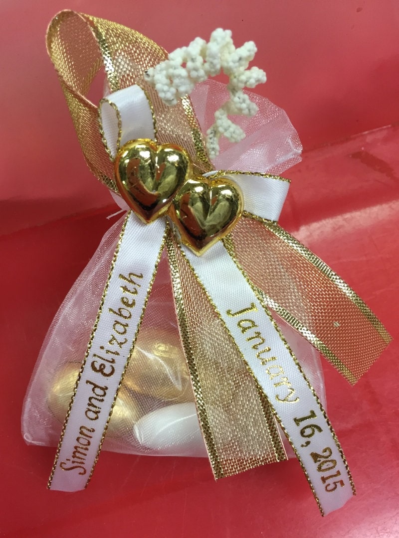 Organza Bag w/Jordan Almonds, Personalized Ribbons & Double-Heart  Unique Wedding Favors - Gold or Silver