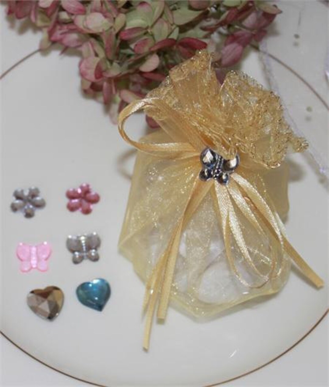 5 Jordan Almonds Favor in Tulle Pouch With Crystal Charms Set of 5
