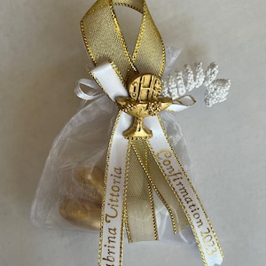 Unique Communion Favors of Organza Bag w/Jordan Almonds, Personalized Ribbons & Chalice - Gold or Silver