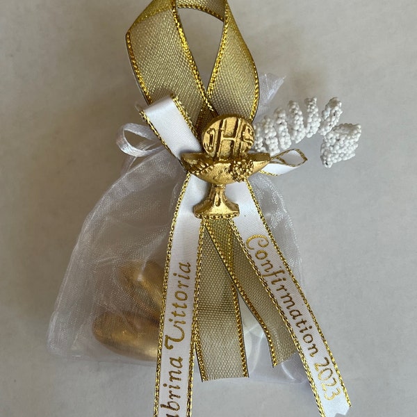 Unique Communion Favors of Organza Bag w/Jordan Almonds, Personalized Ribbons & Chalice - Gold or Silver