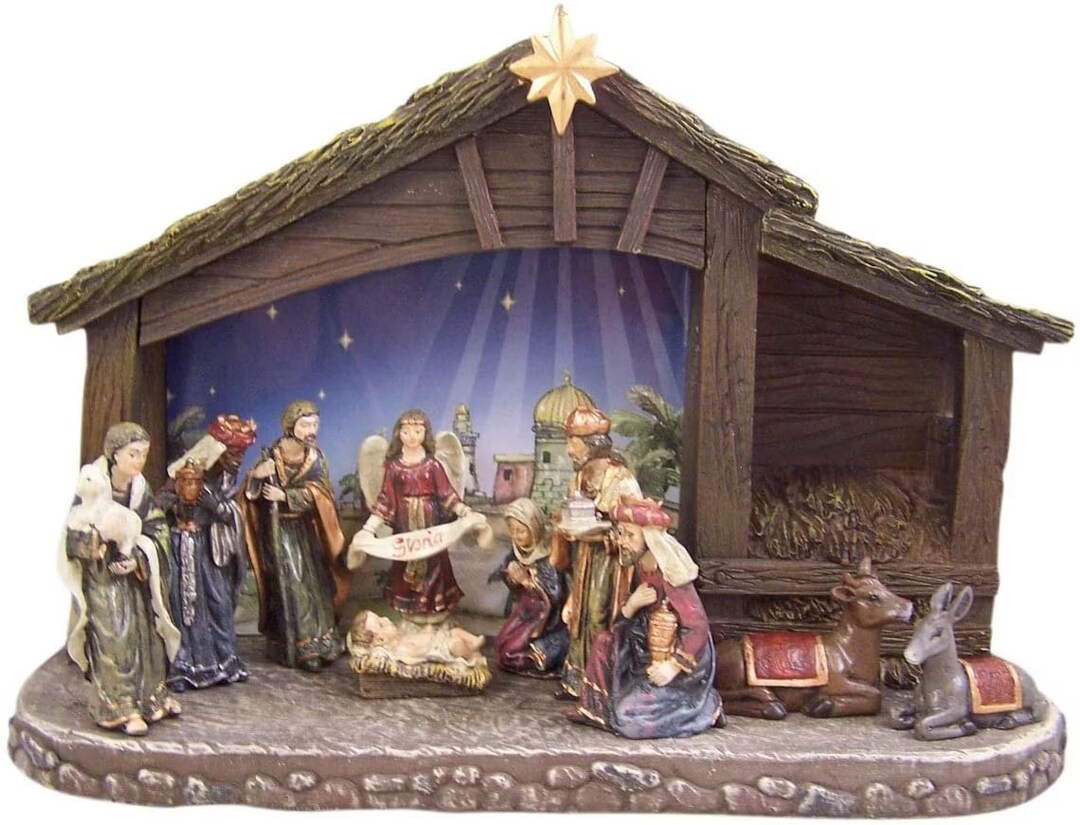 Christmas Nativity Set With Stable and Light 11 Pieces Etsy