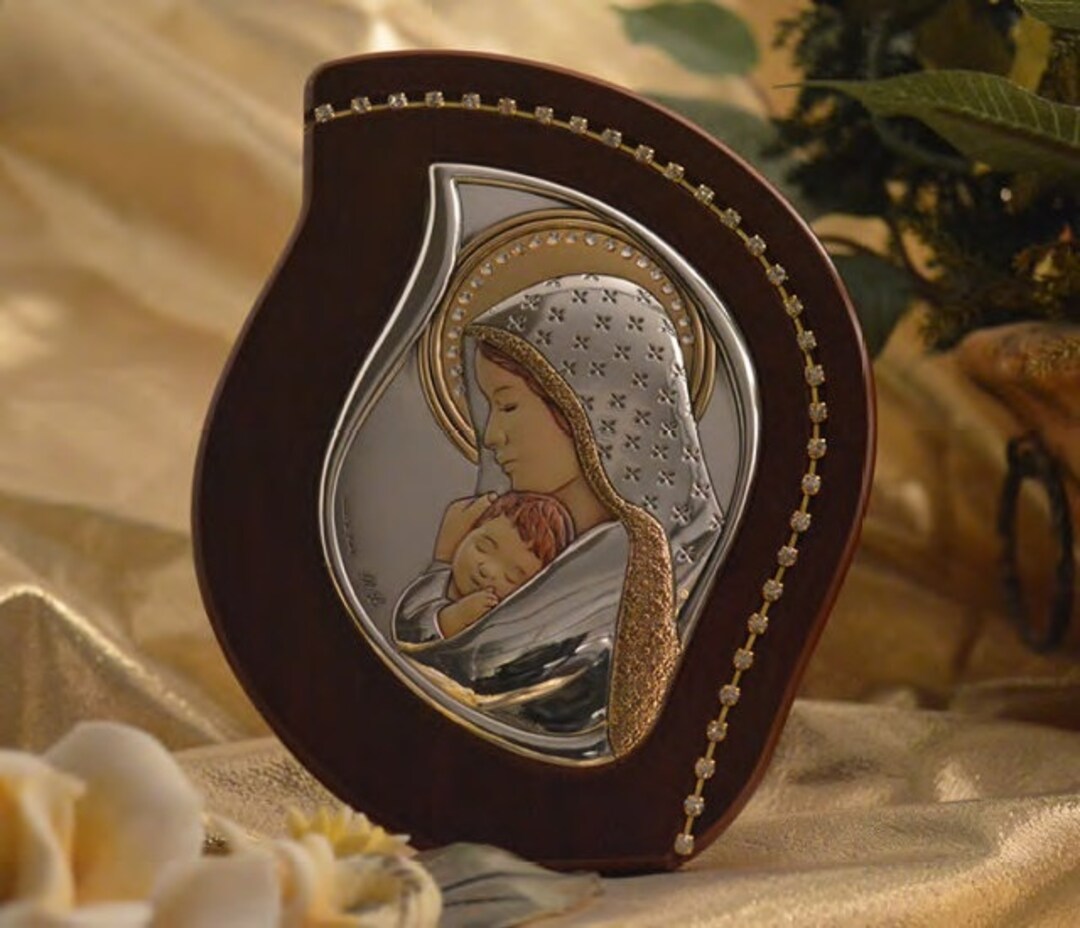 Italian Madonna and Child Icon: Silver on Wood With Swarovski Crystals ...