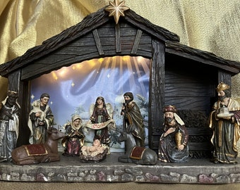 Unique Christmas Nativity Set with Lighted Stable 11 Pieces