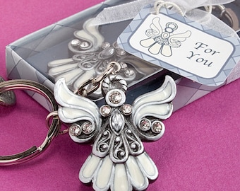 Fancy Angel Design Silver Keychain in Favor Box Baptism Favors/First Communion Favors with Personalized Tags