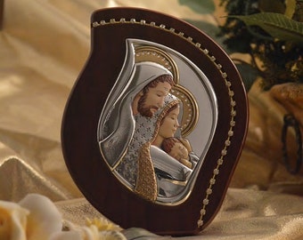 Pure Silver Holy Family Large Icon on wood with Swarovski Crystal - Personalized Italian Religious Icon