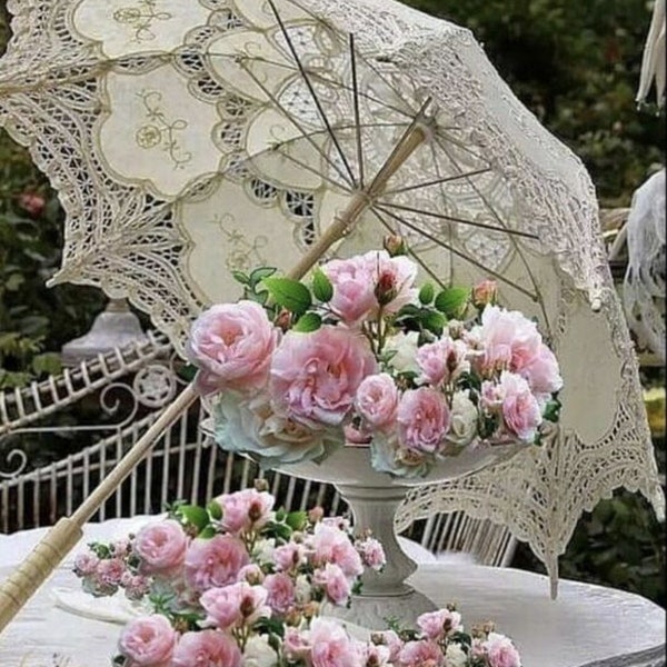 Brautdusche-schirm-Sonnenschirm aus Spitze mit ausgefallener Spitze und Holzdesign, erhältlich in 3 Größen und 2 Farben: Weiß oder Elfenbein