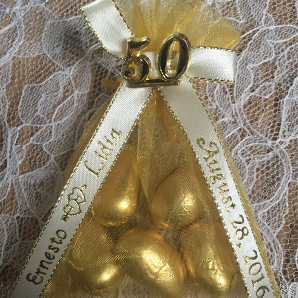 Gold 50th Anniversary Favors Bag filled with 5 Gold Jordan Almonds & Personalized Ribbon - Set of 10