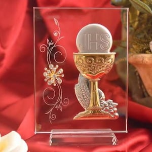 Large Italian First Communion Chalice Silver and Gold on Glass with Swarovski Crystal Personalized