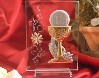 Large Italian First Communion Chalice Silver and Gold on Glass with Swarovski Crystal Personalized