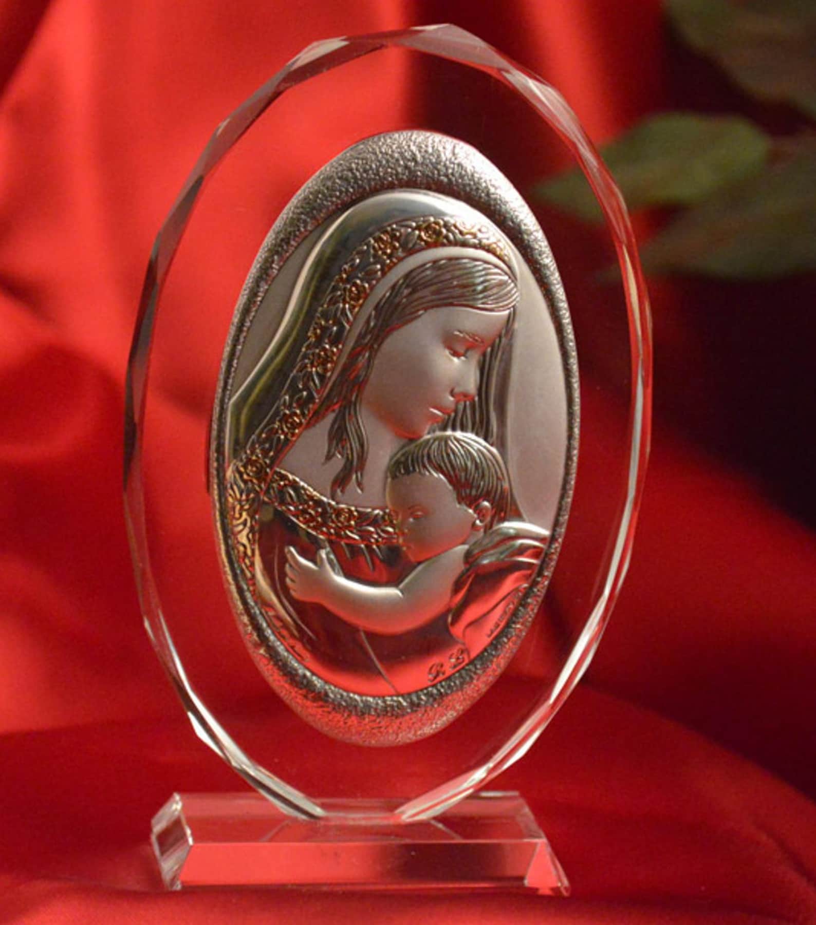Italian Madonna and Child Glass and Silver Icon on Oval Plaque Baptism ...