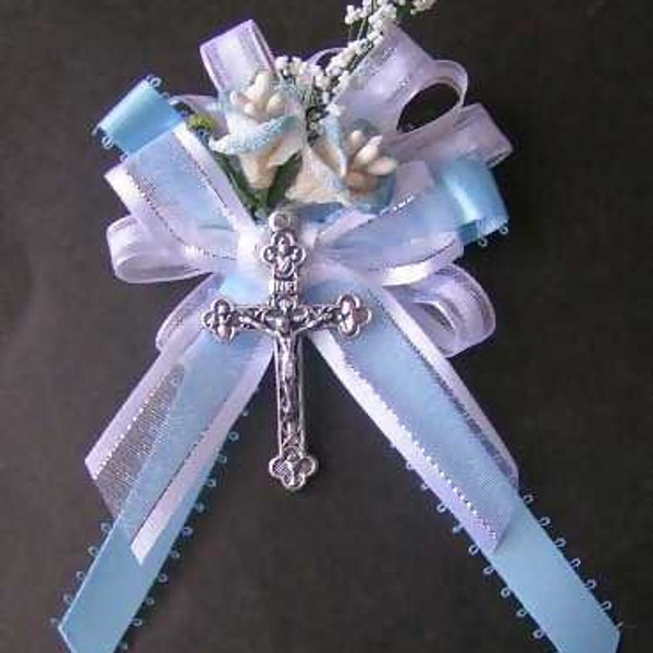 Fancy Personalized Cross Corsage (Capias ) with Bouquet & Pin - Set of 10 Baptism Corsages / Capias