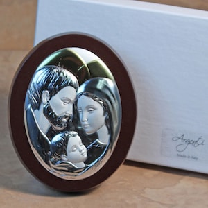 Pure Italian Silver Holy Family Icon Silver and Gold on Wood Oval Shape Personalized Religious Icon
