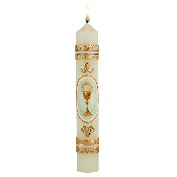 Sacramental First Communion Candle 9.75-Inch with Embossed Chalice & Host Cross Hand Decorated