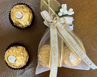 Organza Bag w2 Ferrero Rocher Chocolate, Personalized Ribbons & Double-Heart  Unique Wedding Favors - Gold or Silver