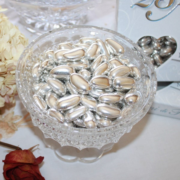 Dipped Silver Jordan Almonds European Dragees - 1 LB Box, 500 grams Shiny Silver Wedding Almonds