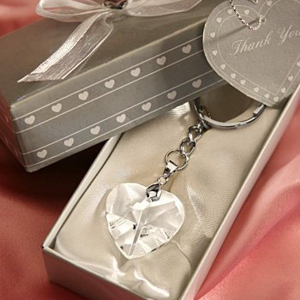 24 Chrome Key Chain with Crystal Heart Wedding Favors with Personalized Tags
