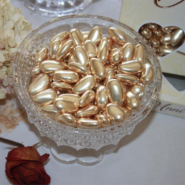 Dipped Gold Jordan Almonds European Dragees - 1 LB Box, 500 grams Shiny Gold Wedding Almonds