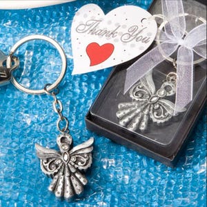 Fancy Angel Design Silver Keychain in Favor Box Baptism Favors/First Communion Favors with Personalized Tags
