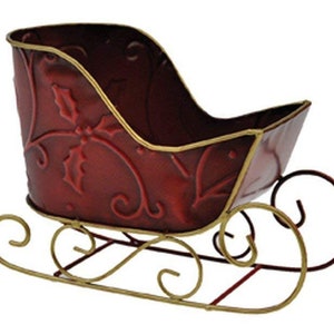 Red and Gold or Ivory Metal Christmas Sleigh - Empty Christmas Container with Liner Perfect to Create Your Unique Christmas Gift and Basket