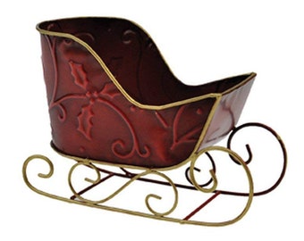 Red and Gold or Ivory Metal Christmas Sleigh - Empty Christmas Container with Liner Perfect to Create Your Unique Christmas Gift and Basket
