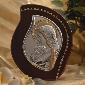Reines Silber und Gold Madonna mit Kind-Symbol auf Holz Groß - Personalisierte Italienische Religiöse Ikone