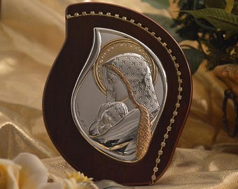 Pure Silver and Gold Madonna and Child Icon on Wood Large Size - Personalized Italian Religious Icon