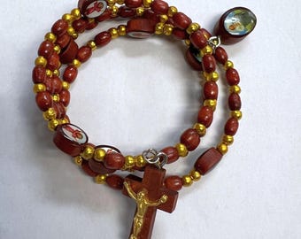 Wrap Wood Rosary Bracelet with Colorful Religious Icons and Cross Religious Gifts and Favors - One Dozen (12) - CLEARANCE