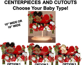 PRE CUT Red Black Ladybug Wings Dark and Medium Skin Baby Girl Centerpiece with Wood Stand OR Card Stock Cut Out Baby Centerpiece Birthday