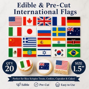 May include: A collection of 20 edible and pre-cut international flag toppers, each measuring 1.5 inches. The set includes various national flags displayed in a grid, with examples shown on a cupcake, a round cookie, and a square rice treat.