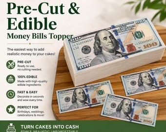 Edible Money 100 dollar bills for cakes, New One Hundred Dollar. Made with frosting sugar paper. Edible Money Cake. Edible 100 Dollar Bills