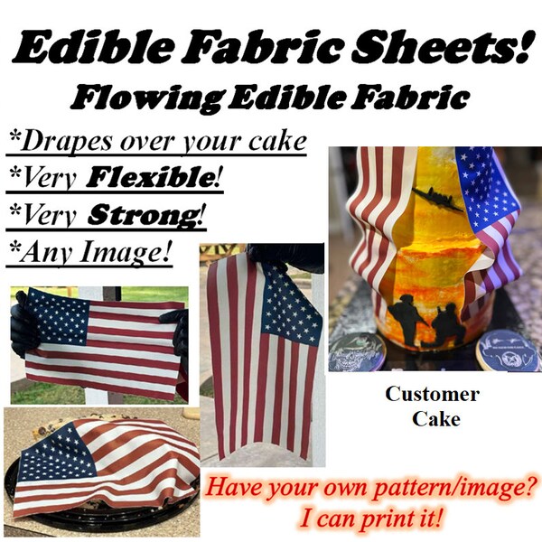 Draping Edible American Flag Cake Topper! Flowing Fabric Picture. Edible American Flag or Your Own Image! Bandana Edible Fabric Sugar Sheet