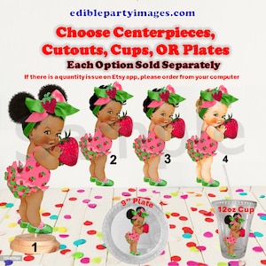 Sweet Strawberry Girl Centerpiece, Cut Outs, Cups, or Plates. Pink Green Head Bow, A Berry Sweet Baby, Berry Baby Cups, Berry Baby Plates