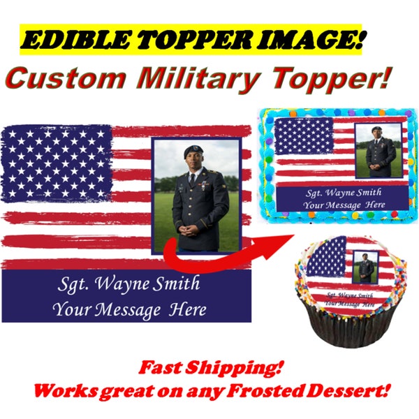 Custom American Flag Cake Topper Image Photo. Military Police Officer Promotion,Retirement Graduation Edible Picture on Sugar Frosting Sheet