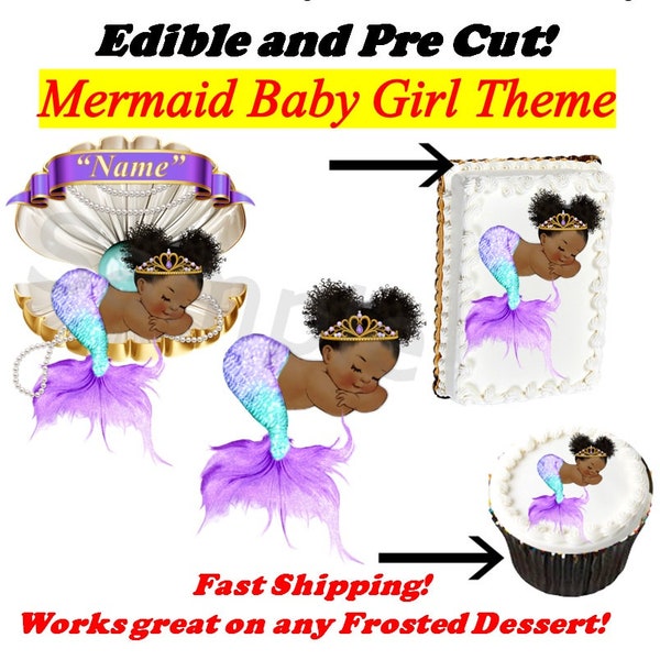 Merbaby Mermaid Baby Girl EDIBLE Cake Topper Image Cupcakes, Mermaid Baby Shower, Sleeping Merbaby Clam Shell, Lavender Purple Gold, Pre Cut