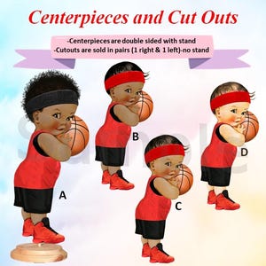 All Star Basketball Baby Centerpieces, Basketball Baby Cut Outs. Free Throws Basketball Shower Theme, Red Black Afro Baby Basketball Topper