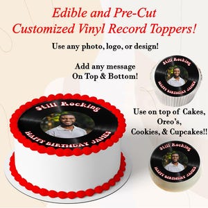 Vinyl record edible topper for round cakes, cookies and cupcakes. Edible LP Record Topper. Rock n Roll Oldies 70's 80's Record Cake Topper