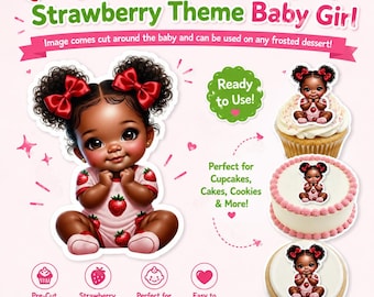 Pink Strawberry Baby Girl Edible Toppers! Printed on frosting paper and comes already cut! Baby shower cake, gender reveal cake. Any Dessert