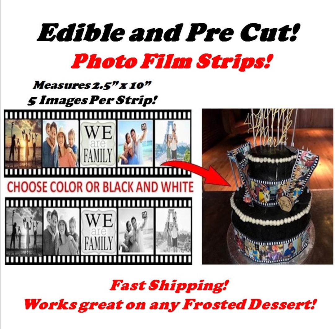 Pre Cut Edible Film Reel Strips for Cakes, Picture Photos on Film Strip,  Custom Film Strips for Cakes, Edible Film Strips With Photographs 