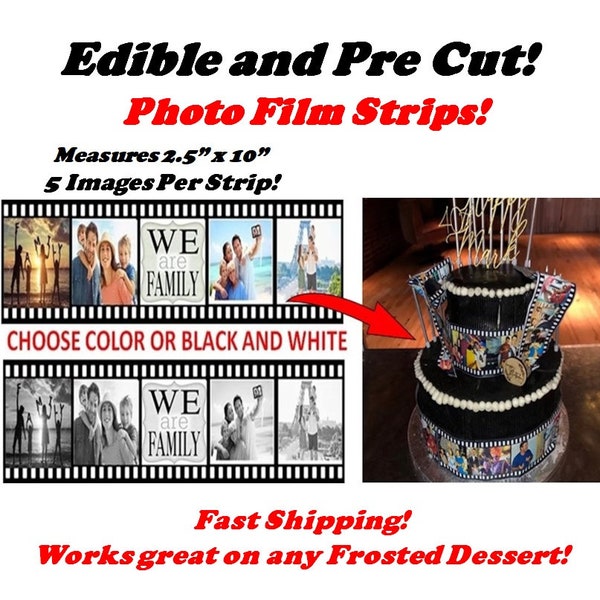 Pre Cut Edible Film Reel Strips for Cakes, Picture Photos on Film Strip, Custom Film Strips for Cakes, Edible Film Strips with Photographs