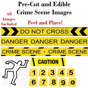 Edible crime scene toppers for cakes, cookies and more! Images are made from sugar frosting paper. Pre-cut crime scene edible stickers.