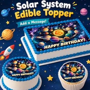 Planet Solar System Edible Toppers for cakes, cupcakes, cookies and more! Image printed on sugar frosting paper. Galaxy Space Edible Image