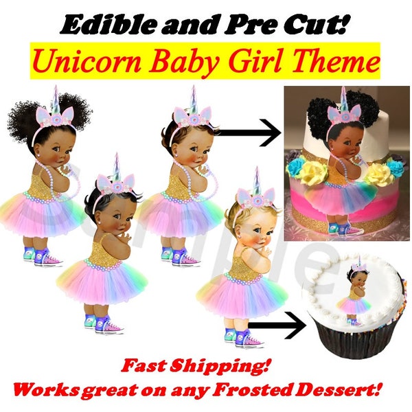 Princess Unicorn Baby Girl EDIBLE Cake Topper Image Cupcakes, Unicorn Baby Cake, Pastel Rainbow Horn Sneakers, Unicorn Baby Shower Cake