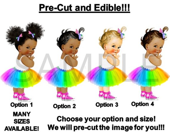 Sitting Afro Baby High Heels Pink Tutu Princess Baby Cake PRE-CUT Pink Ballerina Baby Sitting on Hot Pink Shoes EDIBLE Cake Topper Image