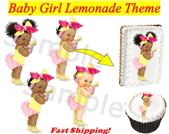 Lemonade Baby Girl EDIBLE Image Topper, Lemonade Baby Cupcake Image, Pre Cut Baby Girl, Baby Edible Image for Cakes, Hot Pink Yellow Box