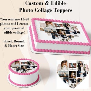 Custom Edible Photo Collage for cakes, cupcakes, cookies and more! Made on frosting paper.  Photo Collage Cake, Photo Collage Heart Cake