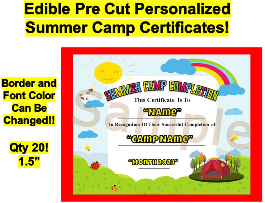 20 Custom Summer Camp Certificates Edible Cupcake Toppers or Etsy